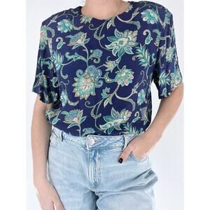 Vintage Alfred Dunner Silk Blue Floral Crewneck Blouse Size 12